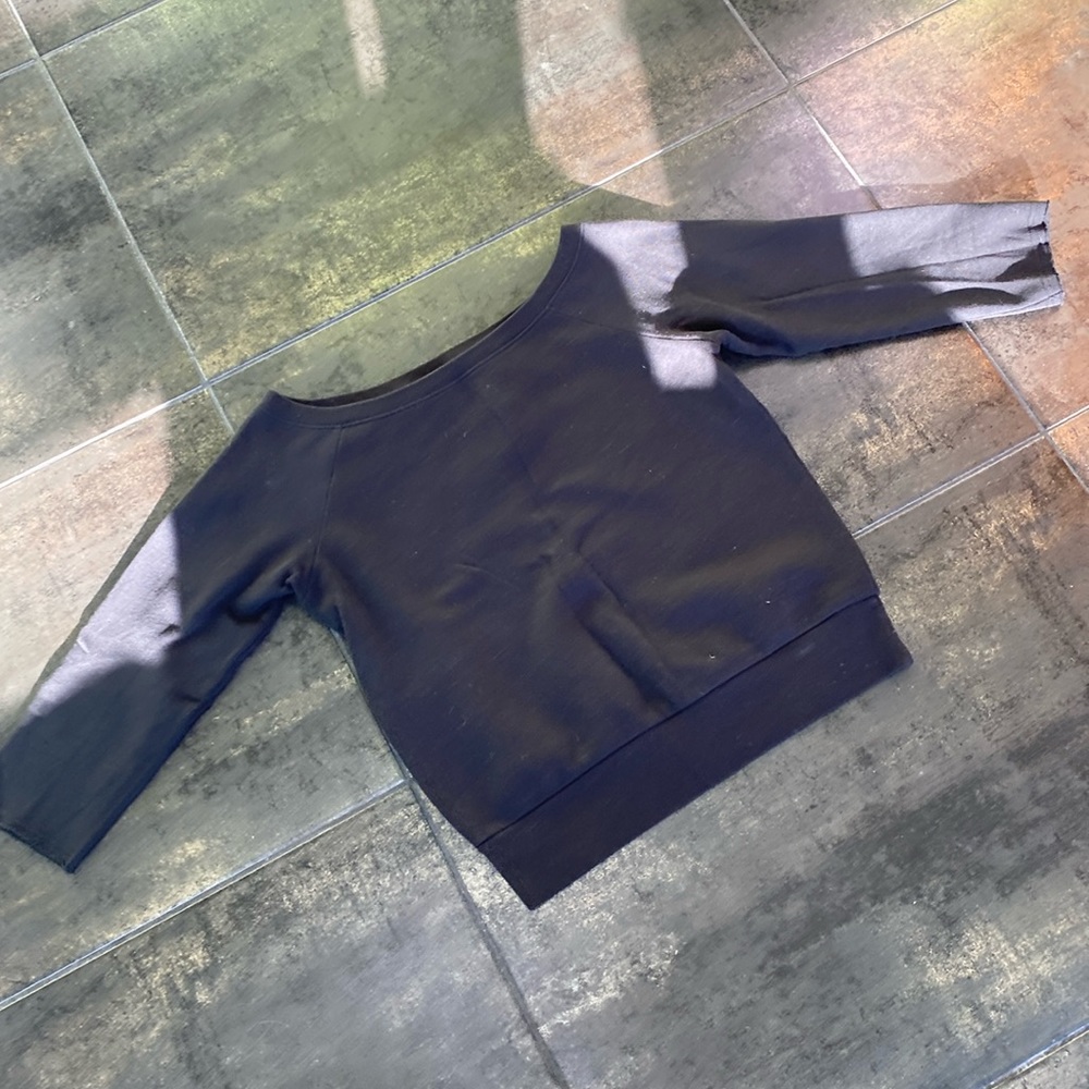 Black cotton blend, boatneck sweatshirt, three-quarter sleeve